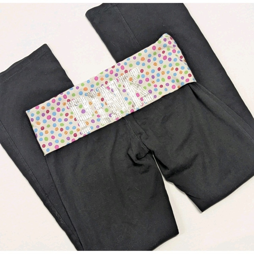 Y2K Coquette Bling Yoga Pants Rhinestone Foldover Flare Leggings Pink by VS - M